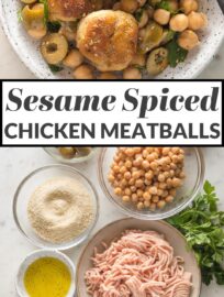 Serve these Sesame Spiced Chicken Meatballs with a tangy chickpea salad for a satisfying and healthy dinner you can make in just about 30 minutes. The tender meatballs are quickly browned, then baked in the oven, while the chickpea salad comes together in a snap.