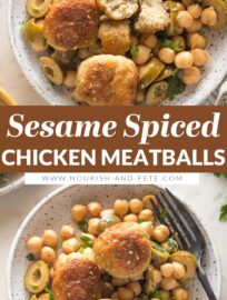 Serve these Sesame Spiced Chicken Meatballs with a tangy chickpea salad for a satisfying and healthy dinner you can make in just about 30 minutes. The tender meatballs are quickly browned, then baked in the oven, while the chickpea salad comes together in a snap.