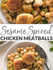 Serve these Sesame Spiced Chicken Meatballs with a tangy chickpea salad for a satisfying and healthy dinner you can make in just about 30 minutes. The tender meatballs are quickly browned, then baked in the oven, while the chickpea salad comes together in a snap.