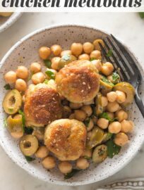 Serve these Sesame Spiced Chicken Meatballs with a tangy chickpea salad for a satisfying and healthy dinner you can make in just about 30 minutes. The tender meatballs are quickly browned, then baked in the oven, while the chickpea salad comes together in a snap.