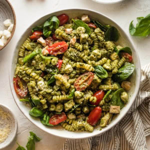 White bowl full of chicken pesto pasta salad.