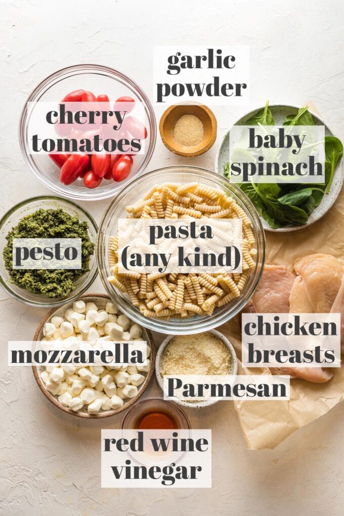 Prep bowls filled with pasta, mozzarella, baby spinach, chicken breasts, pesto, cherry tomatoes, garlic powder, Parmesan, and red wine vinegar.