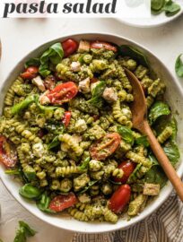This easy-to-make Chicken Pesto Pasta Salad shines with fresh ingredients and tons of flavor. It's a lovely quick lunch or dinner, and is a terrific go-to for any warm-weather BBQ, potluck, or picnic. Easy to make ahead, and it only gets better with a day in the fridge.