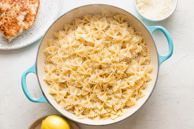 Pasta and sauce together in a skillet.