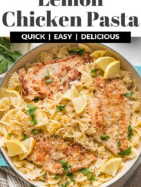 This light Lemon Chicken Pasta is easy to make in just 25 minutes. Tender chicken breasts, plenty of Parmesan, and a lemon garlic sauce that's bursting with flavor make a delicious dinner everyone will enjoy. No cream needed!