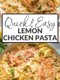 This light Lemon Chicken Pasta is easy to make in just 25 minutes. Tender chicken breasts, plenty of Parmesan, and a lemon garlic sauce that's bursting with flavor make a delicious dinner everyone will enjoy. No cream needed!