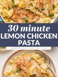 This light Lemon Chicken Pasta is easy to make in just 25 minutes. Tender chicken breasts, plenty of Parmesan, and a lemon garlic sauce that's bursting with flavor make a delicious dinner everyone will enjoy. No cream needed!