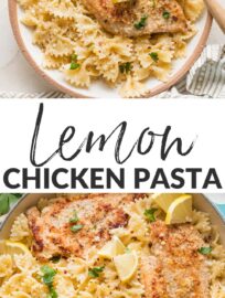 This light Lemon Chicken Pasta is easy to make in just 25 minutes. Tender chicken breasts, plenty of Parmesan, and a lemon garlic sauce that's bursting with flavor make a delicious dinner everyone will enjoy. No cream needed!