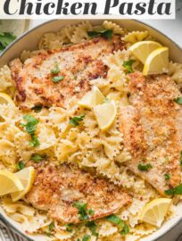 This light Lemon Chicken Pasta is easy to make in just 25 minutes. Tender chicken breasts, plenty of Parmesan, and a lemon garlic sauce that's bursting with flavor make a delicious dinner everyone will enjoy. No cream needed!