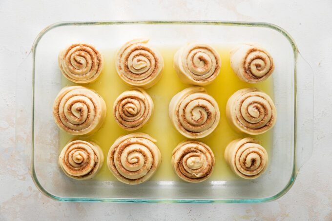 Orange sweet rolls shaped and set in a 9x13-inch pan for a second rise.