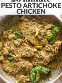 This 20-minute Pesto Artichoke Chicken has tender chicken breasts and artichoke hearts swimming in a delicious garlic pesto cream sauce that is so simple to make. Easy and perfect for busy weeknights.