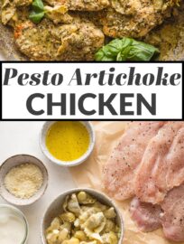 This 20-minute Pesto Artichoke Chicken has tender chicken breasts and artichoke hearts swimming in a delicious garlic pesto cream sauce that is so simple to make. Easy and perfect for busy weeknights.