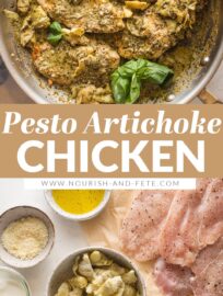 This 20-minute Pesto Artichoke Chicken has tender chicken breasts and artichoke hearts swimming in a delicious garlic pesto cream sauce that is so simple to make. Easy and perfect for busy weeknights.