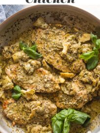 This 20-minute Pesto Artichoke Chicken has tender chicken breasts and artichoke hearts swimming in a delicious garlic pesto cream sauce that is so simple to make. Easy and perfect for busy weeknights.