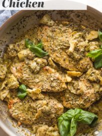 This 20-minute Pesto Artichoke Chicken has tender chicken breasts and artichoke hearts swimming in a delicious garlic pesto cream sauce that is so simple to make. Easy and perfect for busy weeknights.