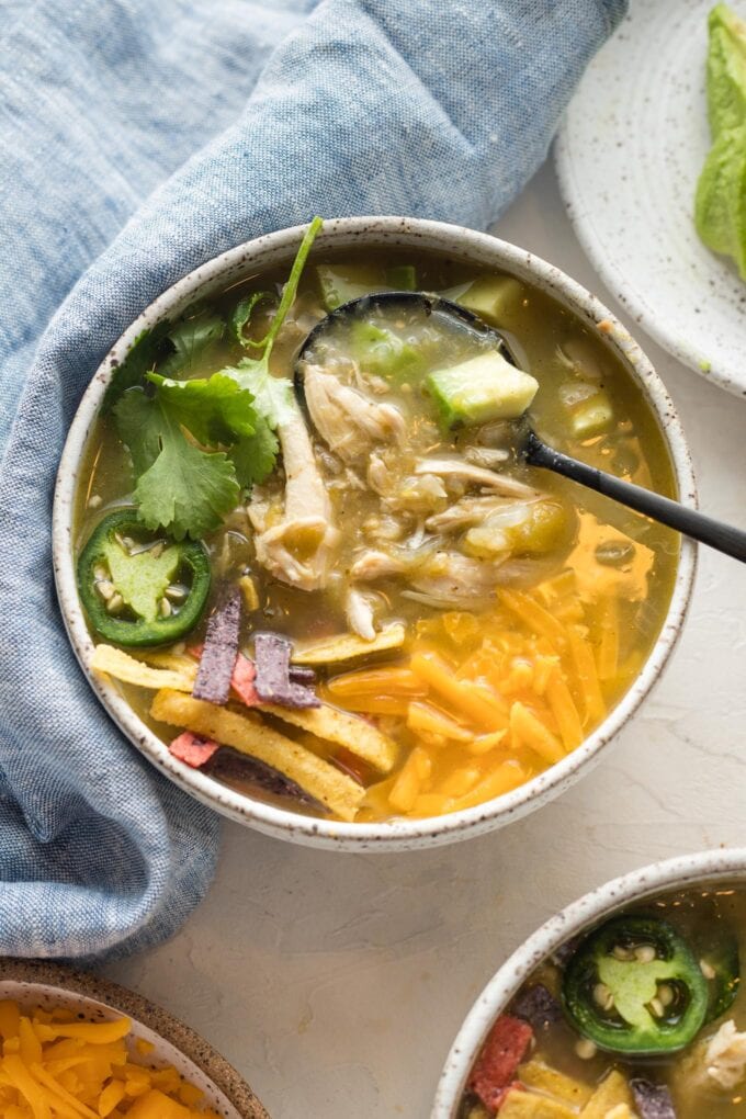 Bowl filled with white bean chicken chili.