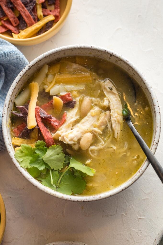 Close up of white bean chicken chili served with cilantro and tortilla strips.