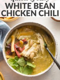 The best White Bean Chicken Chili you'll ever eat! Healthy and flavorful, packed with tender chicken, creamy cannellini beans, and a simple yet irresistible base of salsa verde and green chiles. It's highly adaptable and unbelievably easy to make in less than 30 minutes. Freezes well, too!