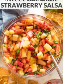 Fresh, fruity, and decadently sweet, this 4-ingredient Strawberry Pineapple Salsa is a snap to make and sure to impress at your next gathering. Serve with regular or cinnamon-sugar pita chips for an irresistible snack, or pile it on top of grilled chicken for an easy dinner.