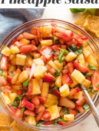 Fresh, fruity, and decadently sweet, this 4-ingredient Strawberry Pineapple Salsa is a snap to make and sure to impress at your next gathering. Serve with regular or cinnamon-sugar pita chips for an irresistible snack, or pile it on top of grilled chicken for an easy dinner.