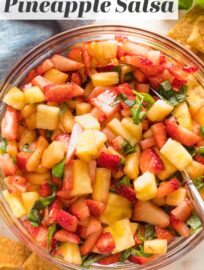 Fresh, fruity, and decadently sweet, this 4-ingredient Strawberry Pineapple Salsa is a snap to make and sure to impress at your next gathering. Serve with regular or cinnamon-sugar pita chips for an irresistible snack, or pile it on top of grilled chicken for an easy dinner.