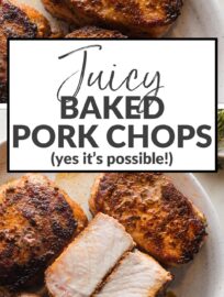 Easy to make and flavorful, with a beautiful golden crust and tender, juicy interior, these Baked Boneless Pork Chops are simply the best oven-baked pork chops you’ll ever have. Best of all, you just need pantry staples and about 5 minutes of prep work!