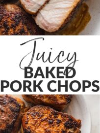 Easy to make and flavorful, with a beautiful golden crust and tender, juicy interior, these Baked Boneless Pork Chops are simply the best oven-baked pork chops you’ll ever have. Best of all, you just need pantry staples and about 5 minutes of prep work!