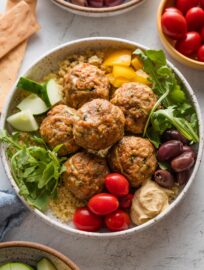Close up of a baked turkey meatballs bowl.