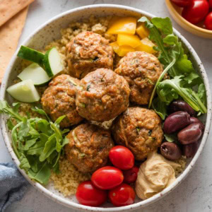 Close up of a baked turkey meatballs bowl.