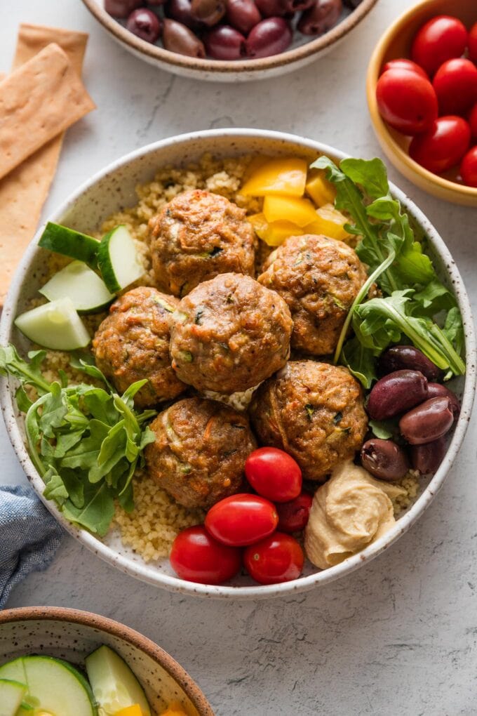 Close up of a baked turkey meatballs bowl.