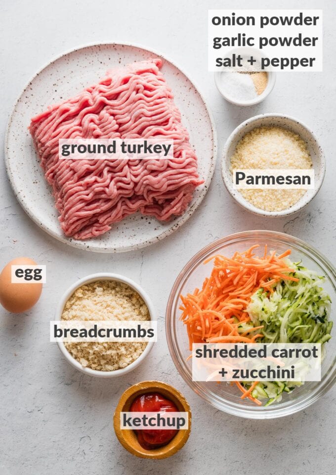 Labeled overhead photo of ground turkey, shredded carrot and zucchini, breadcrumbs, one egg, grated Parmesan cheese, ketchup, and seasonings, all in prep bowls and ready to mix together into meatballs.