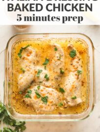 Baked Chicken with Italian dressing is one of the absolute easiest ways to get a home-cooked meal on the table. With 3 ingredients and less than 5 minutes of prep, you could practically make this in your sleep, but you'll never know it when you taste the tender chicken and zippy Italian flavors. So easy and flavorful, you'll LOVE this.