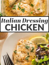 Baked Chicken with Italian dressing is one of the absolute easiest ways to get a home-cooked meal on the table. With 3 ingredients and less than 5 minutes of prep, you could practically make this in your sleep, but you'll never know it when you taste the tender chicken and zippy Italian flavors. So easy and flavorful, you'll LOVE this.