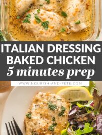 Baked Chicken with Italian dressing is one of the absolute easiest ways to get a home-cooked meal on the table. With 3 ingredients and less than 5 minutes of prep, you could practically make this in your sleep, but you'll never know it when you taste the tender chicken and zippy Italian flavors. So easy and flavorful, you'll LOVE this.