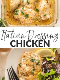 Baked Chicken with Italian dressing is one of the absolute easiest ways to get a home-cooked meal on the table. With 3 ingredients and less than 5 minutes of prep, you could practically make this in your sleep, but you'll never know it when you taste the tender chicken and zippy Italian flavors. So easy and flavorful, you'll LOVE this.