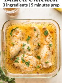 Baked Chicken with Italian dressing is one of the absolute easiest ways to get a home-cooked meal on the table. With 3 ingredients and less than 5 minutes of prep, you could practically make this in your sleep, but you'll never know it when you taste the tender chicken and zippy Italian flavors. So easy and flavorful, you'll LOVE this.