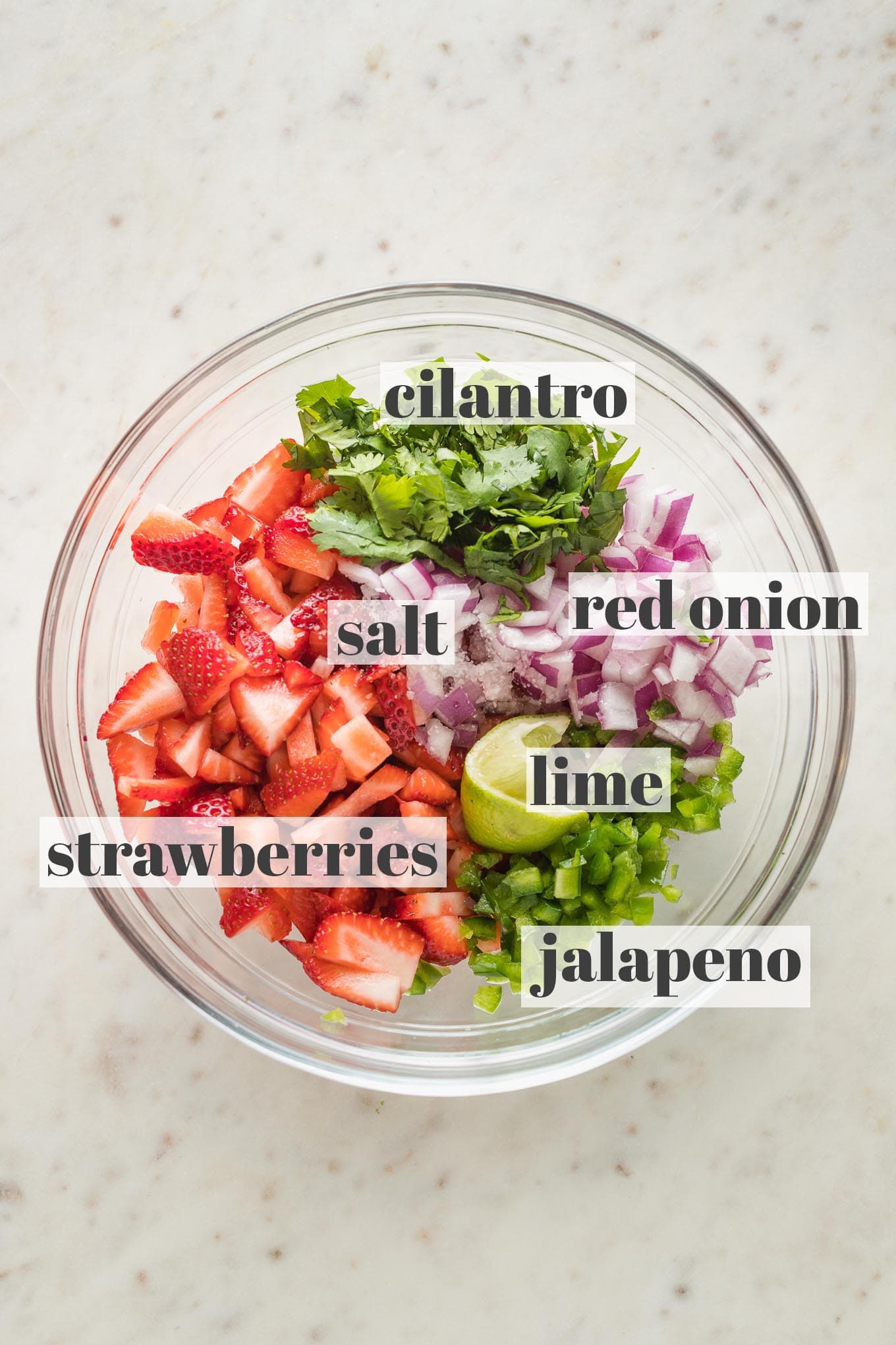 Labeled photo of strawberries, jalapeno, red onion, cilantro, lime juice, and salt in a prep bowl.