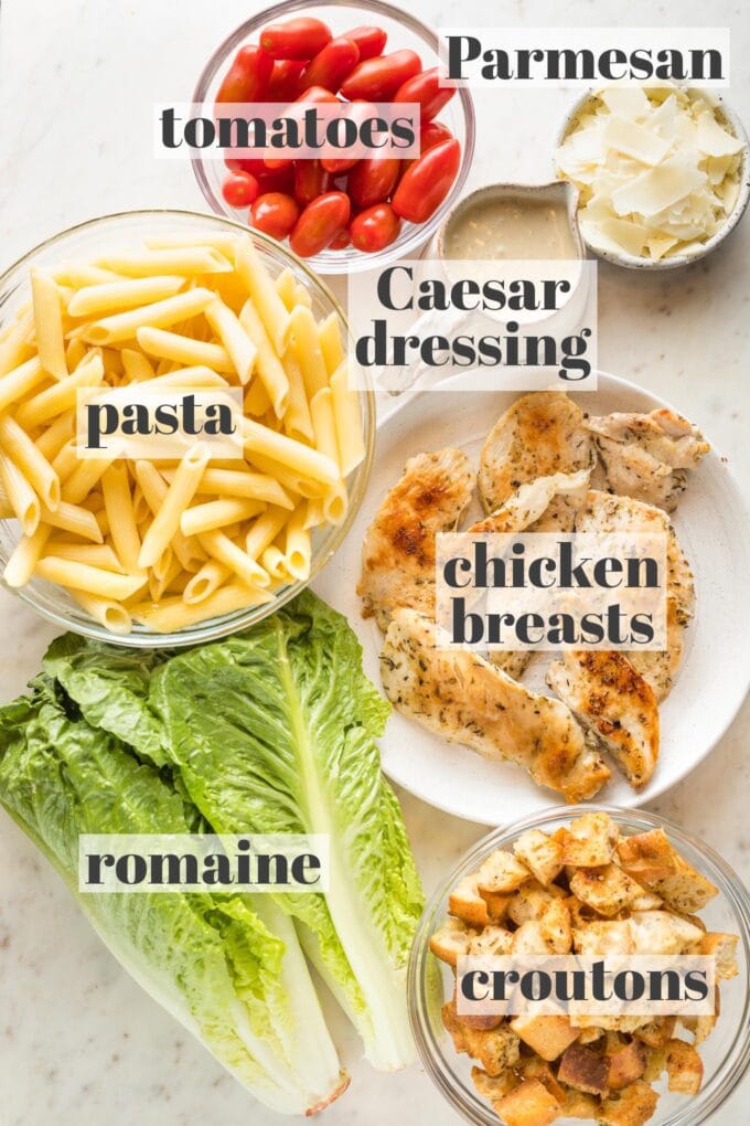 Prep bowls full of ingredients for a chicken Caesar pasta salad: Parmesan, romaine, pasta, tomatoes, Caesar dressing, chicken breasts, and croutons.