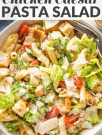 This delicious chicken Caesar pasta salad is packed with seasoned pan-fried chicken, al dente pasta, crisp romaine, and juicy cherry tomatoes. Keep it simple or elevate things with homemade dressing and croutons. It’s perfect for summer gatherings and easy dinners!