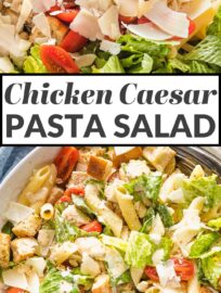 This delicious chicken Caesar pasta salad is packed with seasoned pan-fried chicken, al dente pasta, crisp romaine, and juicy cherry tomatoes. Keep it simple or elevate things with homemade dressing and croutons. It’s perfect for summer gatherings and easy dinners!