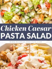 This delicious chicken Caesar pasta salad is packed with seasoned pan-fried chicken, al dente pasta, crisp romaine, and juicy cherry tomatoes. Keep it simple or elevate things with homemade dressing and croutons. It’s perfect for summer gatherings and easy dinners!