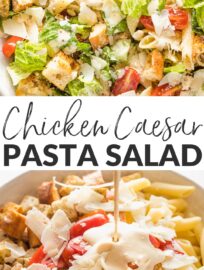 This delicious chicken Caesar pasta salad is packed with seasoned pan-fried chicken, al dente pasta, crisp romaine, and juicy cherry tomatoes. Keep it simple or elevate things with homemade dressing and croutons. It’s perfect for summer gatherings and easy dinners!