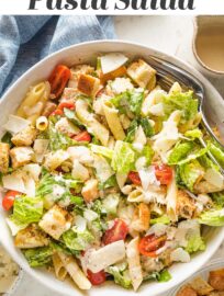 This delicious chicken Caesar pasta salad is packed with seasoned pan-fried chicken, al dente pasta, crisp romaine, and juicy cherry tomatoes. Keep it simple or elevate things with homemade dressing and croutons. It’s perfect for summer gatherings and easy dinners!