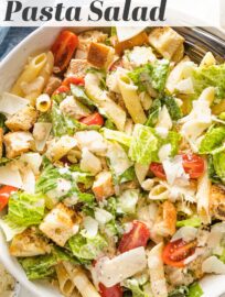 This delicious chicken Caesar pasta salad is packed with seasoned pan-fried chicken, al dente pasta, crisp romaine, and juicy cherry tomatoes. Keep it simple or elevate things with homemade dressing and croutons. It’s perfect for summer gatherings and easy dinners!