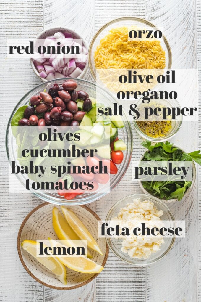 Labeled photo of red onion, orzo, olive oil, spices, olives, cucumbers, baby spinach, tomatoes, parsley, lemon, and feta arranged in prep bowls.