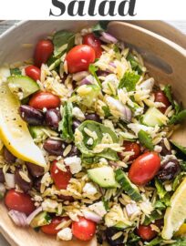 This simple and flavorful Lemon Orzo Salad is so easy to toss together and is a perfect side dish or light main. It's packed with creamy feta, crisp cucumbers, tangy olives, fresh herbs, and a simple yet delicious lemon vinaigrette.