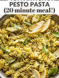 This fresh Pasta with Artichoke Hearts, pesto, and lemon is an elegant vegetarian meal that is packed with flavor. The light pesto cream sauce finishes off a well-balanced dish that is ready in just 25 minutes.