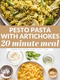 This fresh Pasta with Artichoke Hearts, pesto, and lemon is an elegant vegetarian meal that is packed with flavor. The light pesto cream sauce finishes off a well-balanced dish that is ready in just 25 minutes.