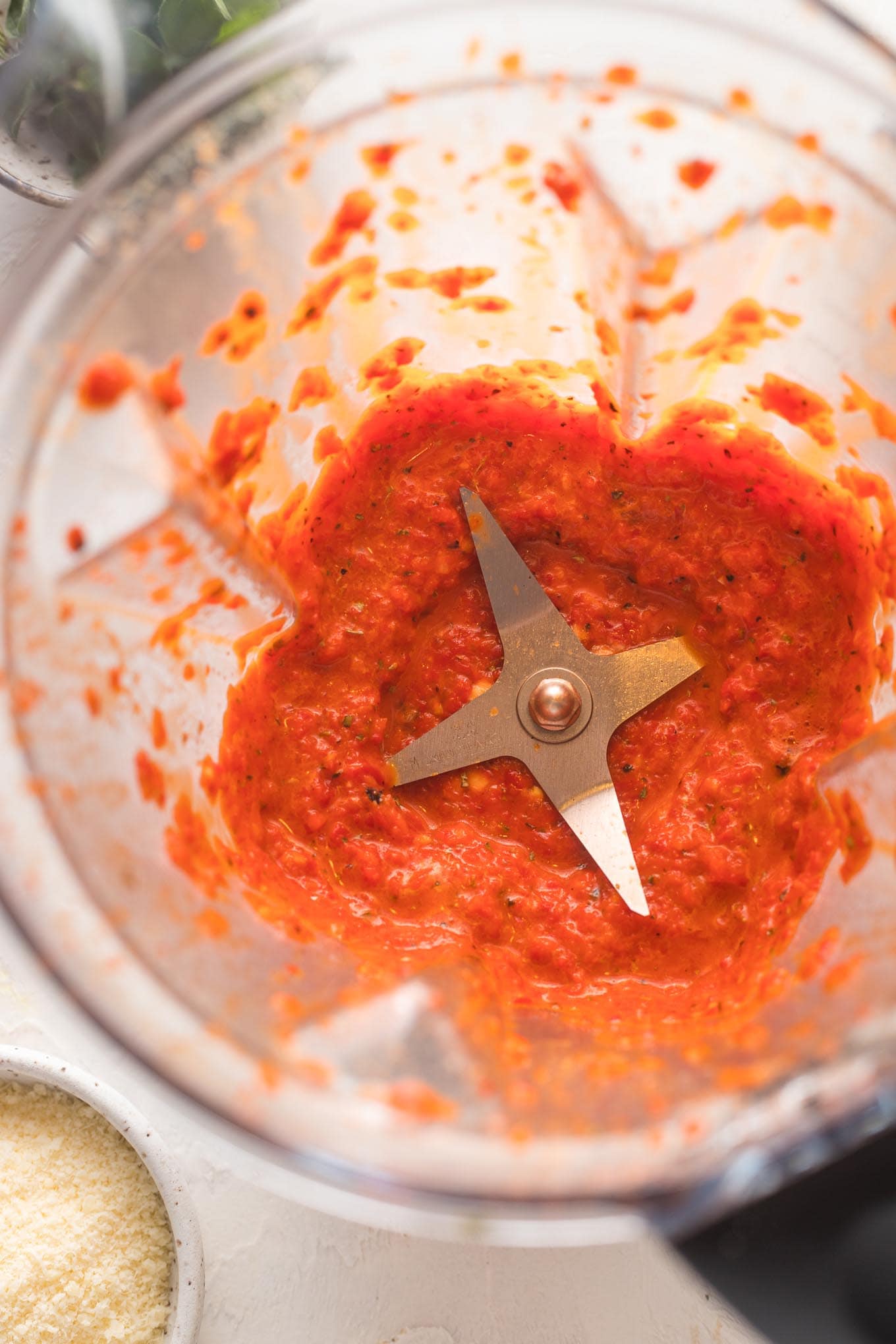 Red pepper sauce blitzed in a blender to a smooth consistency.
