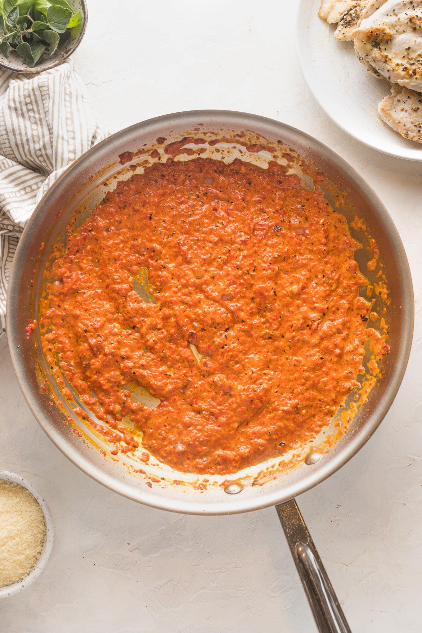 Red pepper cream sauce simmering away.